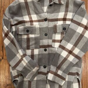 Plaid Wool Blend Jacket - Gray and Brown